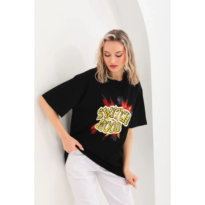 UNİSEX BASKILI OVERSİZE T-SHİRT - SİYAH