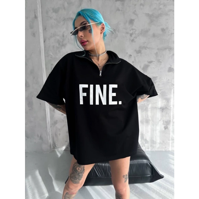 UNİSEX BASKILI YARIM FERMUARLI T-SHİRT - SİYAH