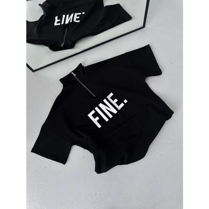 UNİSEX BASKILI YARIM FERMUARLI T-SHİRT - SİYAH