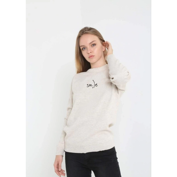 UNİSEX BİSİKLET YAKA BASKILI DOKUMA TRİKO - BEJ