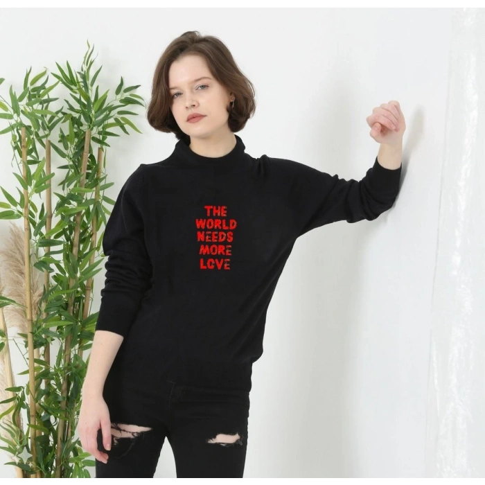 Unisex Bisiklet Yaka Baskılı Dokuma Triko - Siyah