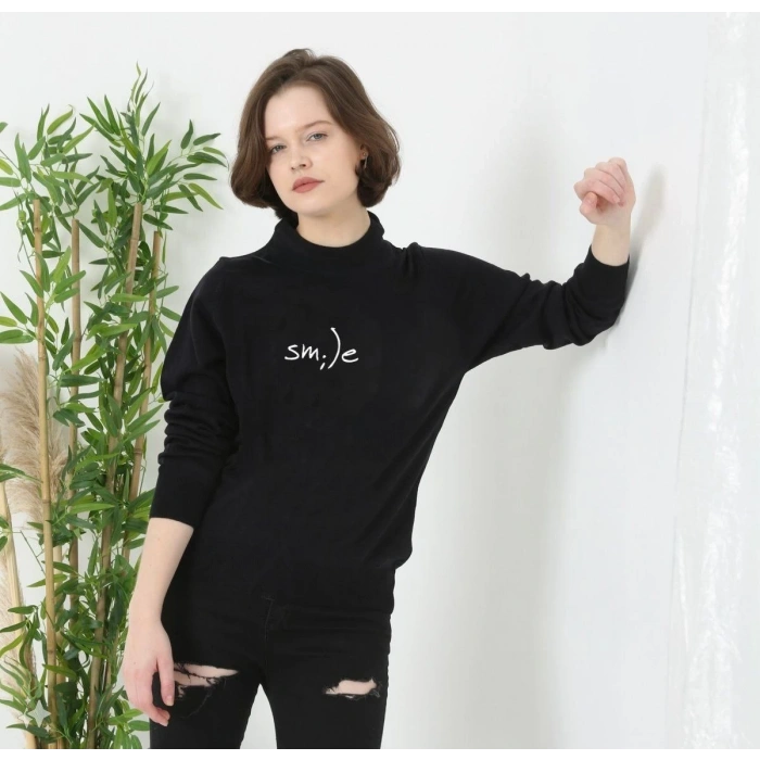 UNİSEX BİSİKLET YAKA BASKILI DOKUMA TRİKO - SİYAH