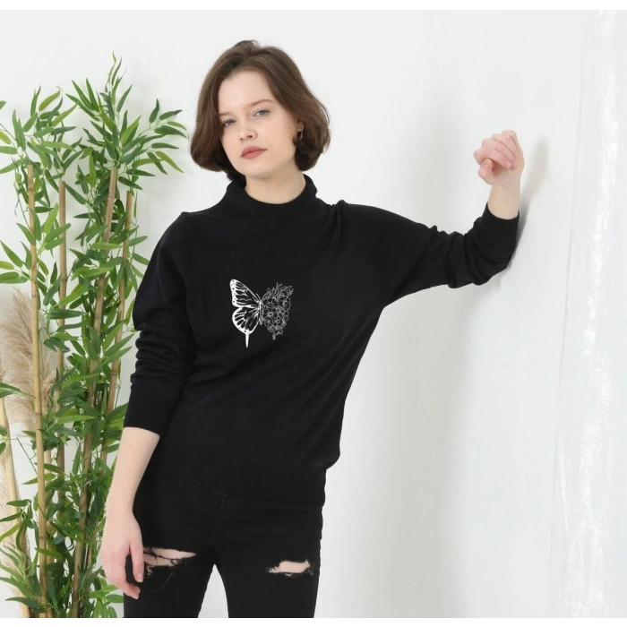 Unisex Bisiklet Yaka Baskılı Dokuma Triko - Siyah