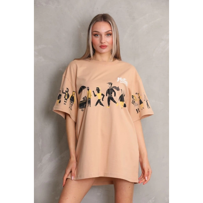 UNİSEX BİSİKLET YAKA BASKILI OVERSİZE T-SHİRT - BEJ