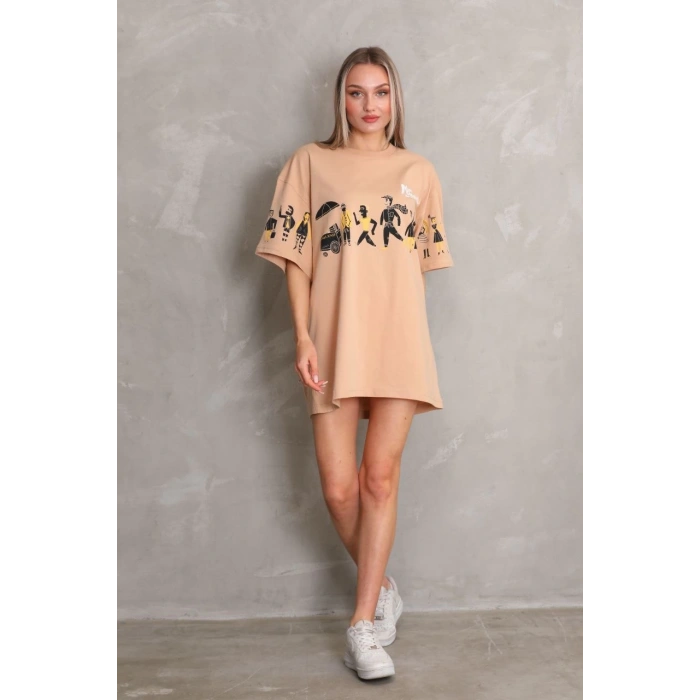 UNİSEX BİSİKLET YAKA BASKILI OVERSİZE T-SHİRT - BEJ