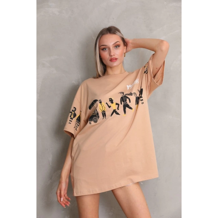 UNİSEX BİSİKLET YAKA BASKILI OVERSİZE T-SHİRT - BEJ