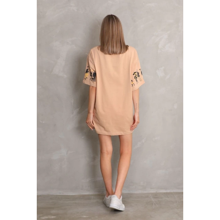 UNİSEX BİSİKLET YAKA BASKILI OVERSİZE T-SHİRT - BEJ