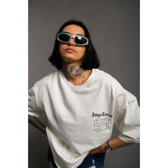 UNİSEX BİSİKLET YAKA BASKILI OVERSİZE T-SHİRT - BEYAZ