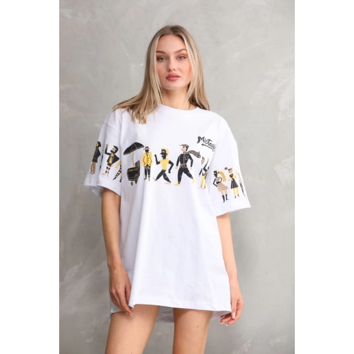 UNİSEX BİSİKLET YAKA BASKILI OVERSİZE T-SHİRT - BEYAZ