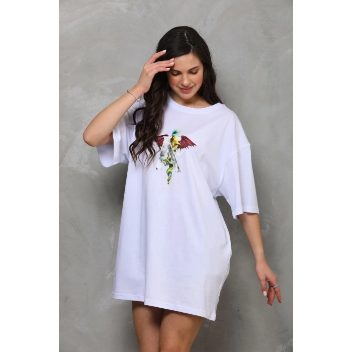 UNİSEX BİSİKLET YAKA BASKILI OVERSİZE T-SHİRT - BEYAZ