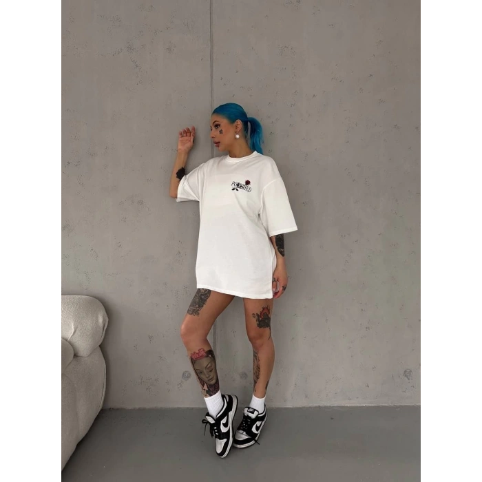 UNİSEX BİSİKLET YAKA BASKILI OVERSİZE T-SHİRT - BEYAZ
