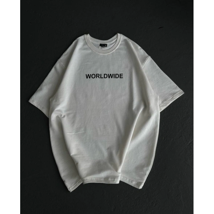 UNİSEX BİSİKLET YAKA BASKILI OVERSİZE T-SHİRT - BEYAZ