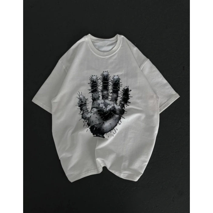 UNİSEX BİSİKLET YAKA BASKILI OVERSİZE T-SHİRT - BEYAZ