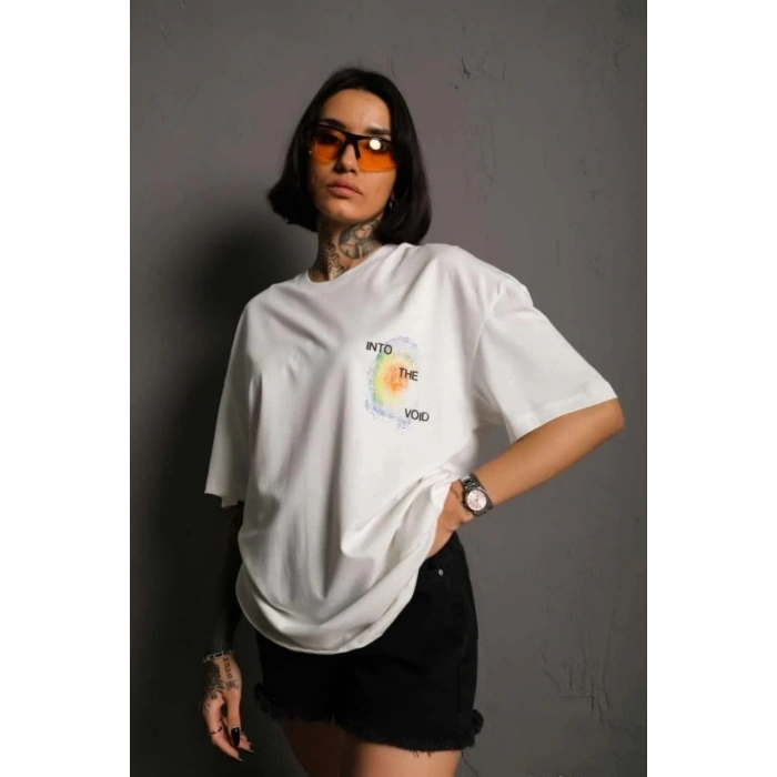 UNİSEX BİSİKLET YAKA BASKILI OVERSİZE T-SHİRT - BEYAZ