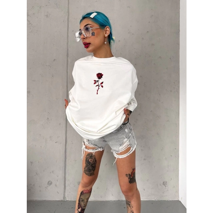 Unisex Bisiklet Yaka Baskılı Oversize T-Shirt - Beyaz