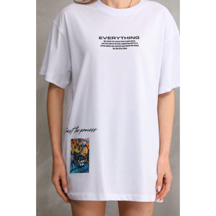 UNİSEX BİSİKLET YAKA BASKILI OVERSİZE T-SHİRT - BEYAZ