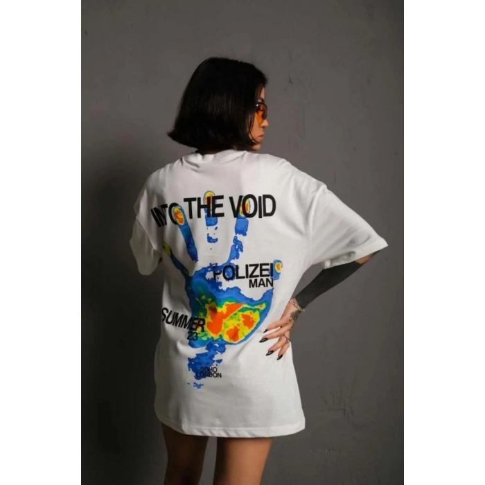 Unisex Bisiklet Yaka Baskılı Oversize T-Shirt - Beyaz