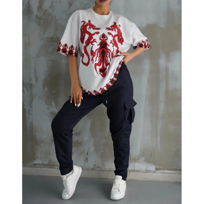 UNİSEX BİSİKLET YAKA BASKILI OVERSİZE T-SHİRT - BEYAZ