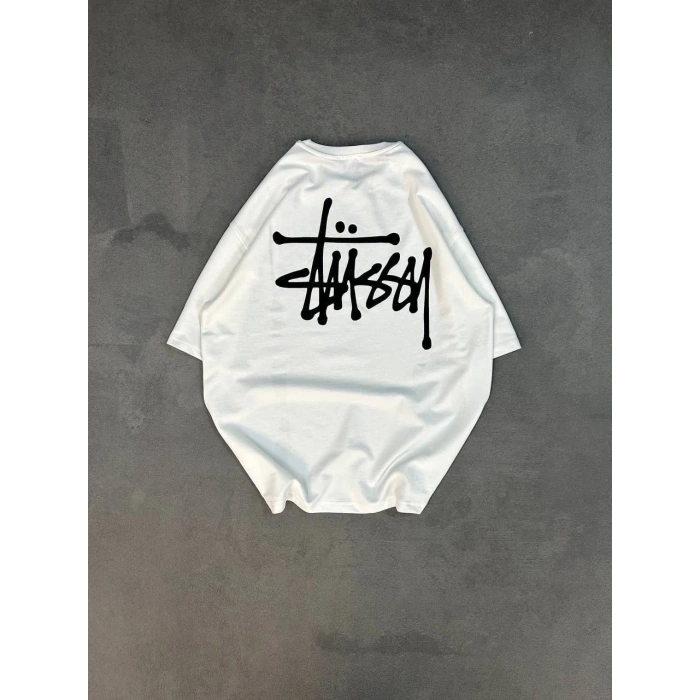 Unisex Bisiklet Yaka Baskılı Oversize T-Shirt - Beyaz