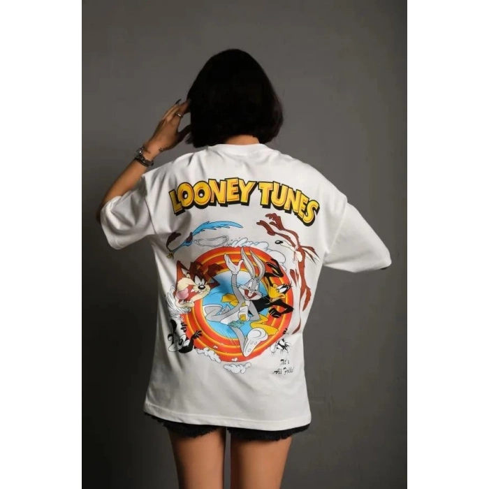 Unisex Bisiklet Yaka Baskılı Oversize T-Shirt - Beyaz