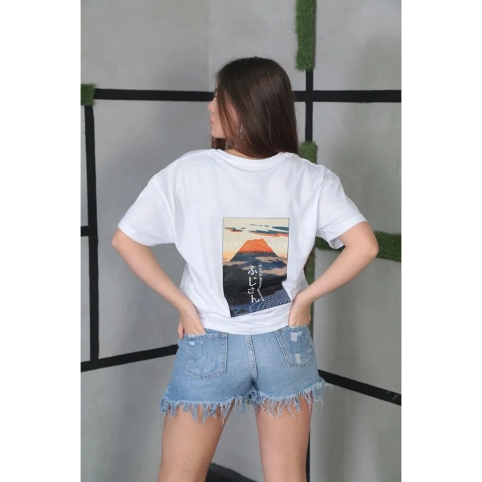 UNİSEX BİSİKLET YAKA BASKILI OVERSİZE T-SHİRT- BEYAZ