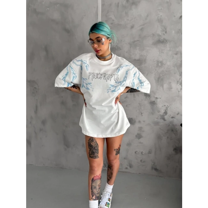 UNİSEX BİSİKLET YAKA BASKILI OVERSİZE T-SHİRT - BEYAZ