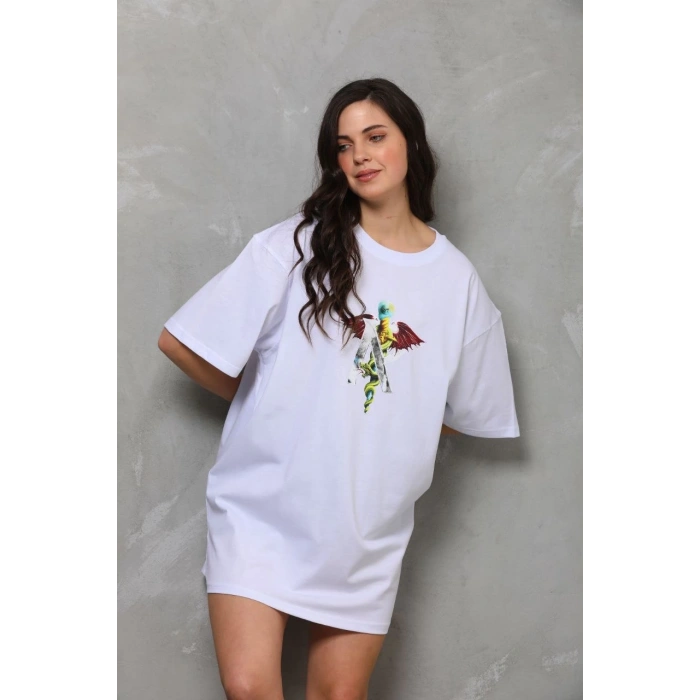 UNİSEX BİSİKLET YAKA BASKILI OVERSİZE T-SHİRT - BEYAZ