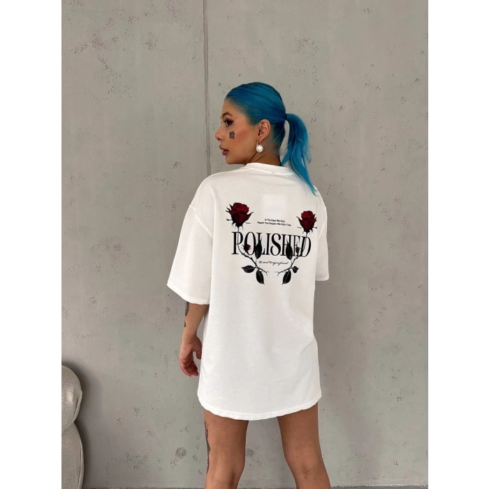 UNİSEX BİSİKLET YAKA BASKILI OVERSİZE T-SHİRT - BEYAZ