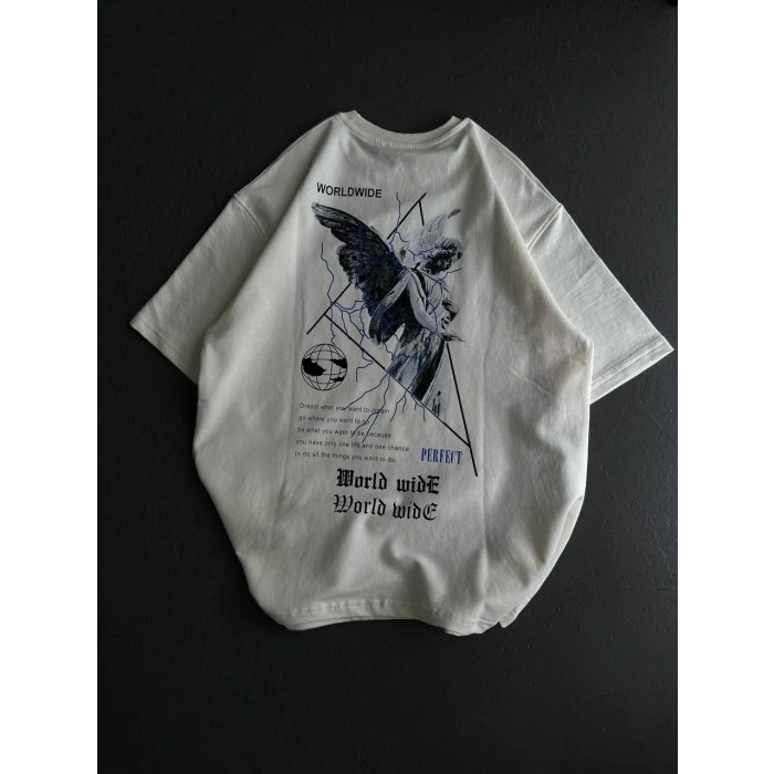 UNİSEX BİSİKLET YAKA BASKILI OVERSİZE T-SHİRT - BEYAZ