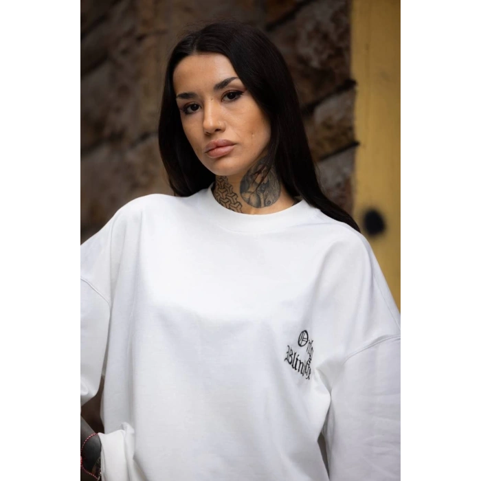 UNİSEX BİSİKLET YAKA BASKILI OVERSİZE T-SHİRT - BEYAZ
