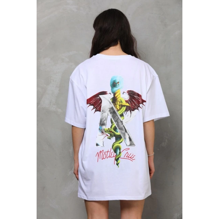 UNİSEX BİSİKLET YAKA BASKILI OVERSİZE T-SHİRT - BEYAZ