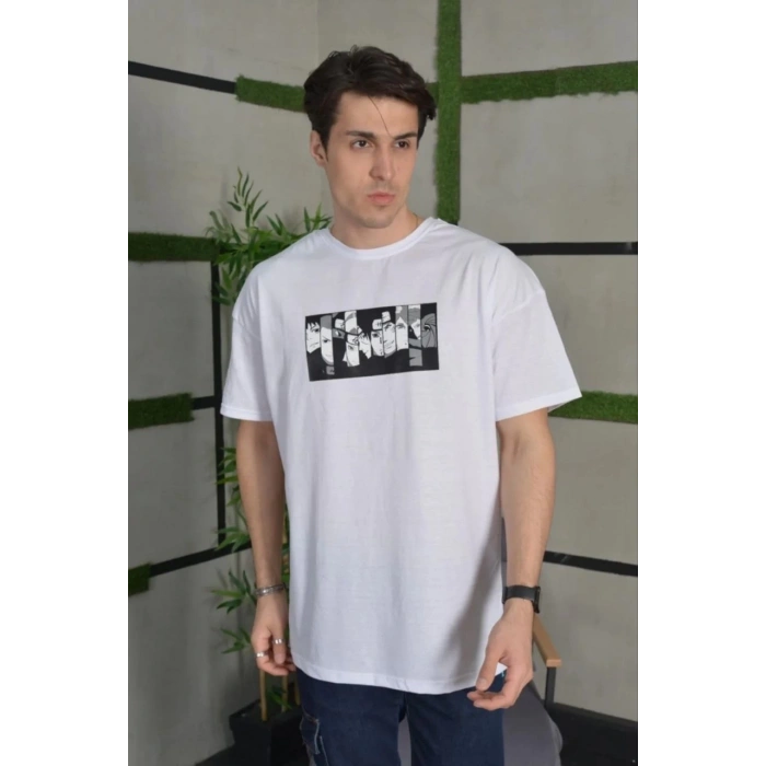 Unisex Bisiklet Yaka Baskılı Oversize T-Shirt - Beyaz