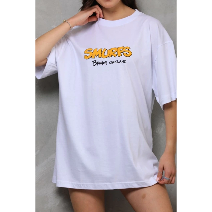 UNİSEX BİSİKLET YAKA BASKILI OVERSİZE T-SHİRT - BEYAZ