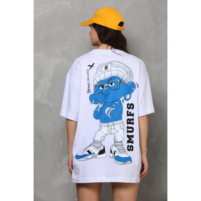 UNİSEX BİSİKLET YAKA BASKILI OVERSİZE T-SHİRT - BEYAZ