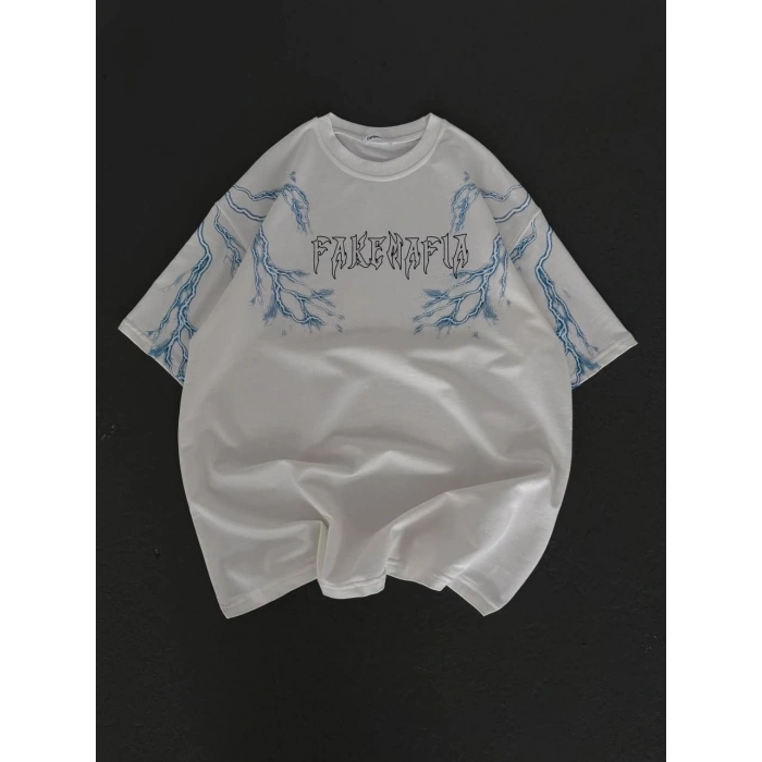 UNİSEX BİSİKLET YAKA BASKILI OVERSİZE T-SHİRT - BEYAZ