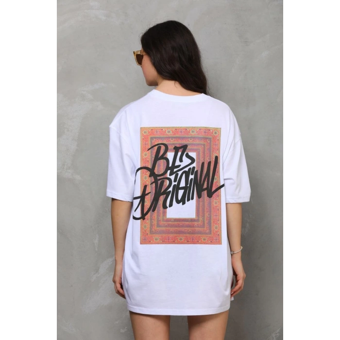 UNİSEX BİSİKLET YAKA BASKILI OVERSİZE T-SHİRT - BEYAZ