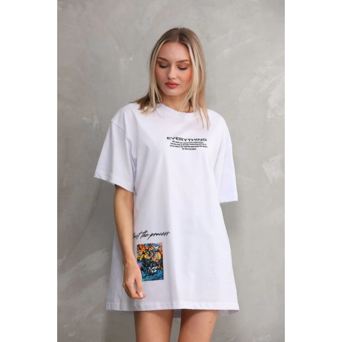 UNİSEX BİSİKLET YAKA BASKILI OVERSİZE T-SHİRT - BEYAZ