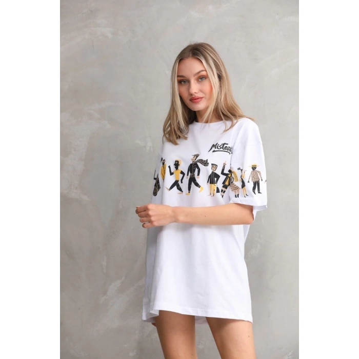 UNİSEX BİSİKLET YAKA BASKILI OVERSİZE T-SHİRT - BEYAZ