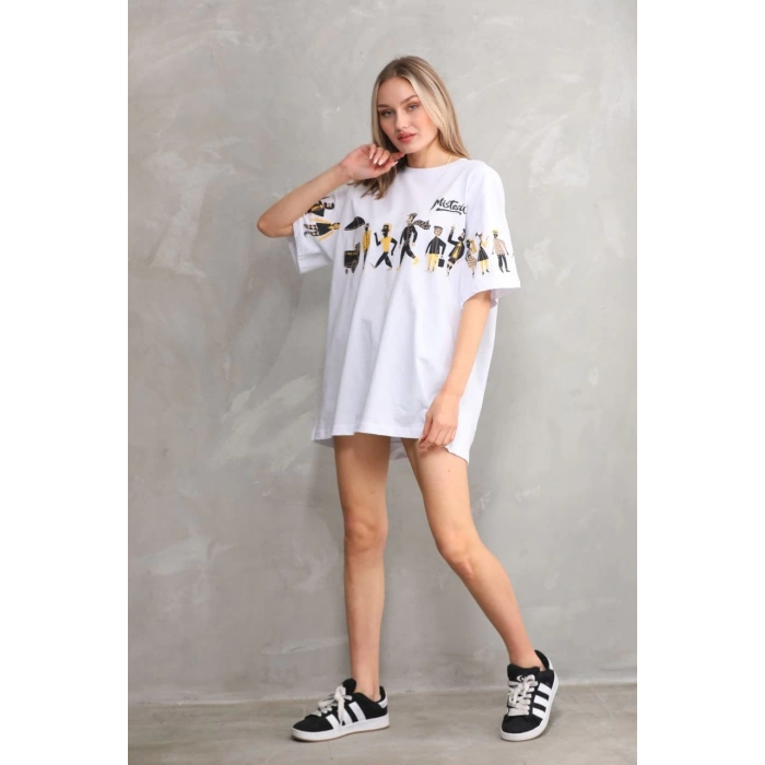 UNİSEX BİSİKLET YAKA BASKILI OVERSİZE T-SHİRT - BEYAZ