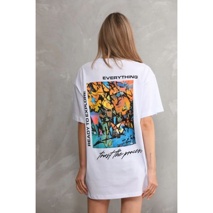 UNİSEX BİSİKLET YAKA BASKILI OVERSİZE T-SHİRT - BEYAZ