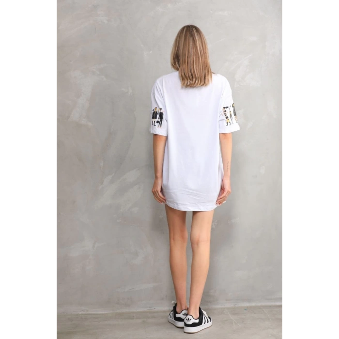 UNİSEX BİSİKLET YAKA BASKILI OVERSİZE T-SHİRT - BEYAZ