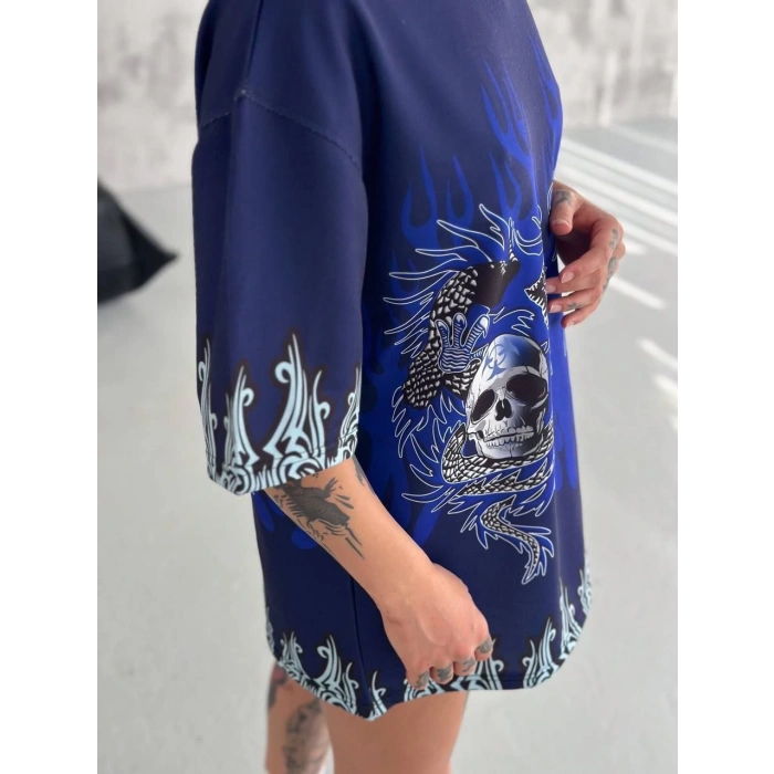 UNİSEX BİSİKLET YAKA BASKILI OVERSİZE T-SHİRT - LACİVERT