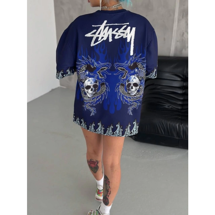 UNİSEX BİSİKLET YAKA BASKILI OVERSİZE T-SHİRT - LACİVERT