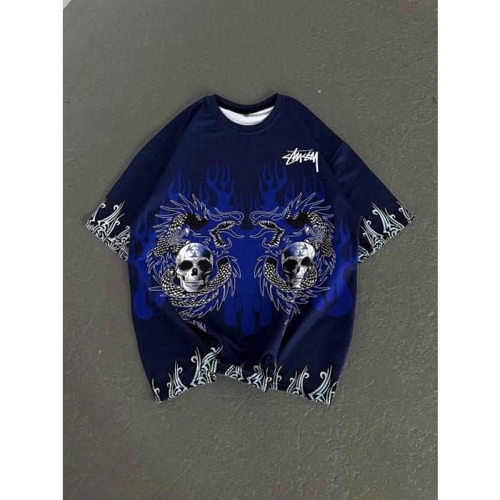 UNİSEX BİSİKLET YAKA BASKILI OVERSİZE T-SHİRT - LACİVERT