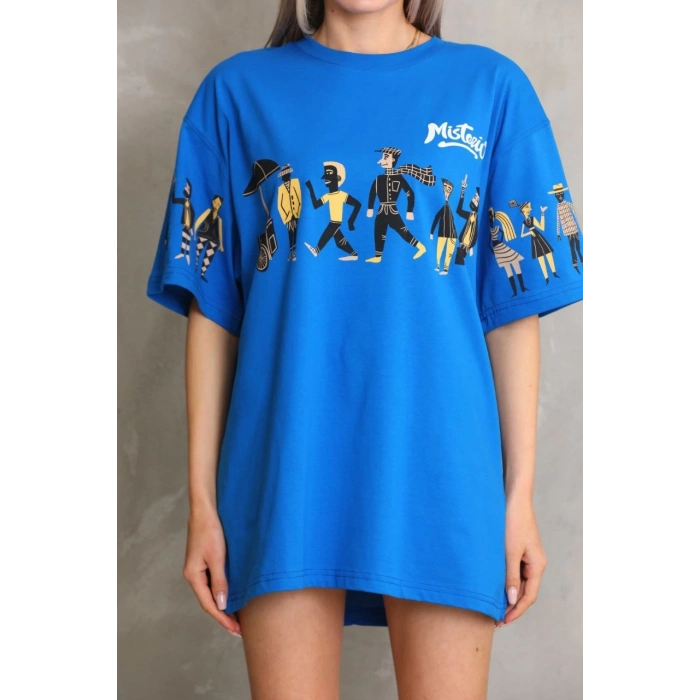 UNİSEX BİSİKLET YAKA BASKILI OVERSİZE T-SHİRT - MAVİ
