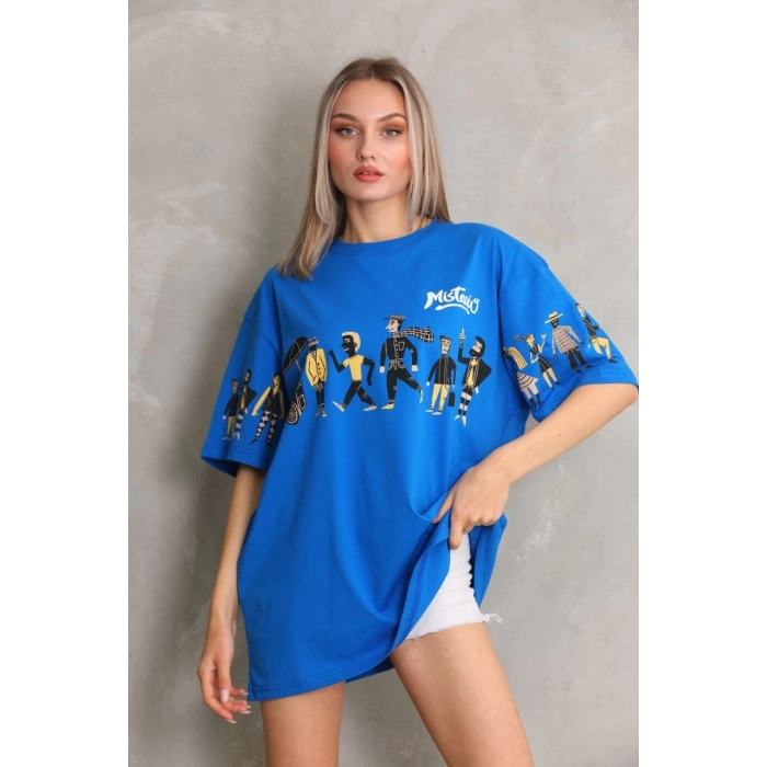 UNİSEX BİSİKLET YAKA BASKILI OVERSİZE T-SHİRT - MAVİ