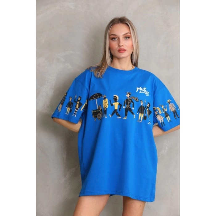 UNİSEX BİSİKLET YAKA BASKILI OVERSİZE T-SHİRT - MAVİ