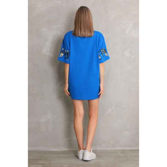 UNİSEX BİSİKLET YAKA BASKILI OVERSİZE T-SHİRT - MAVİ