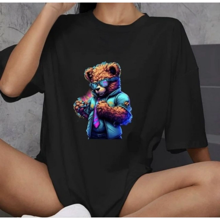 UNİSEX BİSİKLET YAKA BASKILI OVERSİZE T-SHİRT - SİYAH