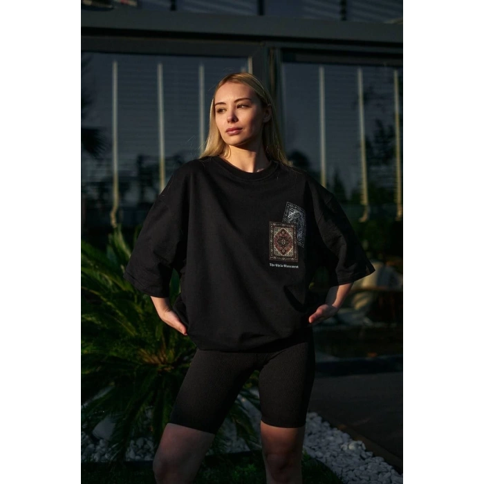 Unisex Bisiklet Yaka Baskılı Oversize T-Shirt - Siyah